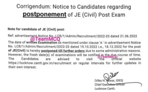 Read more about the article Lucknow Cantonment Board JE CIVIL Exam Postponed